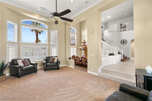 7520 Captains Harbor Dr, Las Vegas, NV 89117 - sitting room featuring stairway, carpet floors, recessed lighting, crown molding, and a towering ceiling