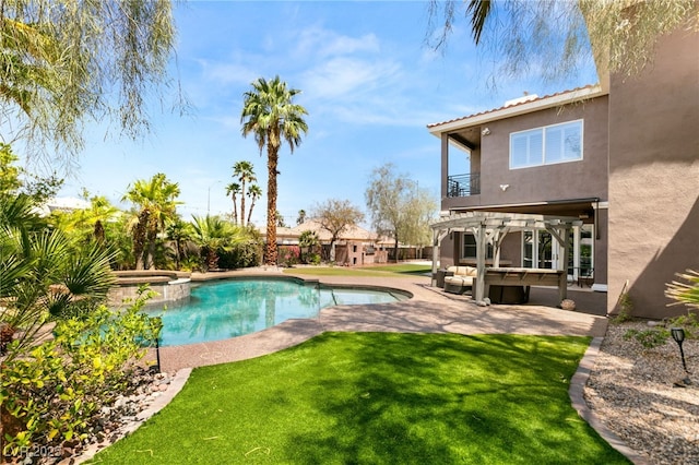 7520 Captains Harbor Dr, Las Vegas, NV 89117 - view of pool featuring a patio, an outdoor living space, a lawn, and a pool with connected hot tub