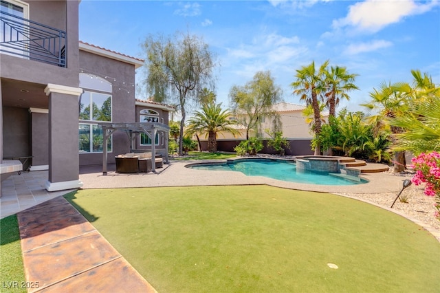 7520 Captains Harbor Dr, Las Vegas, NV 89117 - view of pool featuring an area to practice putting, a pergola, a patio, and a pool with connected hot tub