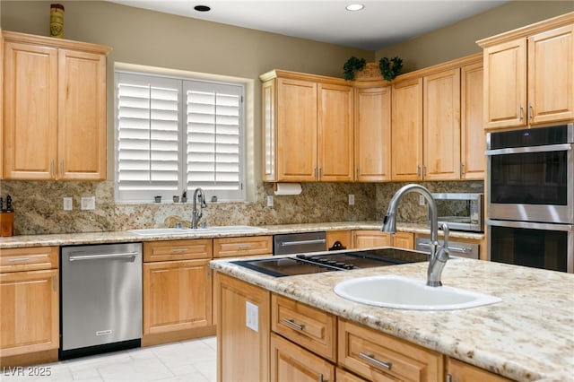 7520 Captains Harbor Dr, Las Vegas, NV 89117 - kitchen featuring stainless steel appliances, light brown cabinetry, backsplash, recessed lighting, and light stone countertops