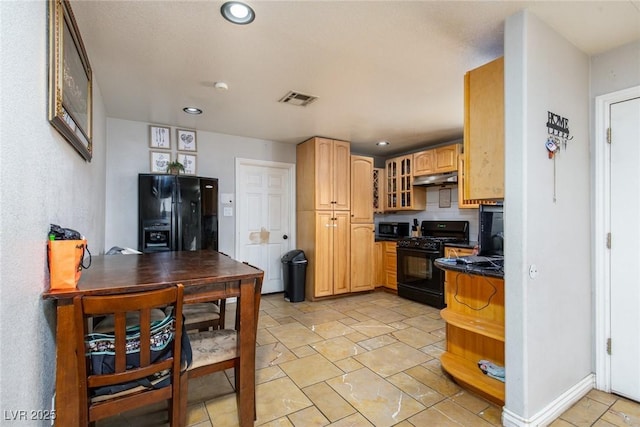 3308 Tabor Ave, North Las Vegas, NV 89030 - kitchen featuring black appliances, under cabinet range hood, dark countertops, glass insert cabinets, and recessed lighting