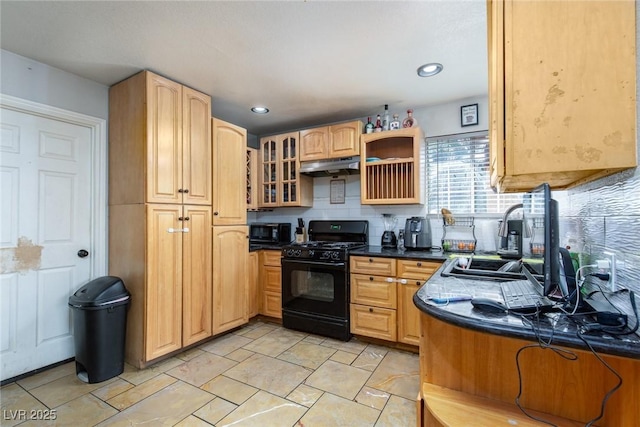 3308 Tabor Ave, North Las Vegas, NV 89030 - kitchen with black appliances, under cabinet range hood, dark countertops, glass insert cabinets, and recessed lighting