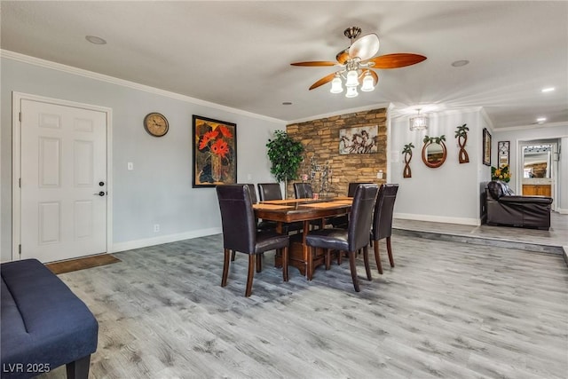 5403 Tamarus St, Las Vegas, NV 89119 - dining room with ornamental molding, ceiling fan, wood finished floors, and recessed lighting