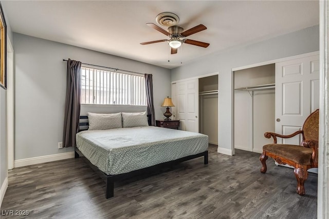 5403 Tamarus St, Las Vegas, NV 89119 - bedroom featuring two closets, wood finished floors, and ceiling fan