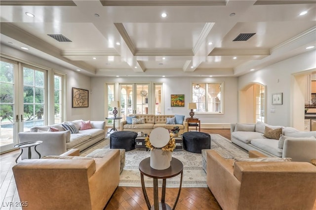 30 Augusta Canyon Way, Las Vegas, NV 89141 - building lobby featuring coffered ceiling, crown molding, beamed ceiling, and recessed lighting