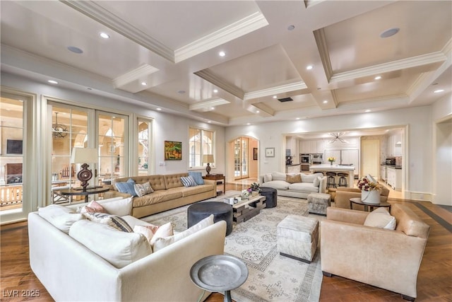 30 Augusta Canyon Way, Las Vegas, NV 89141 - living room featuring coffered ceiling, ornamental molding, arched walkways, beamed ceiling, and recessed lighting