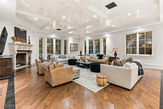 30 Augusta Canyon Way, Las Vegas, NV 89141 - living room featuring coffered ceiling, hardwood / wood-style flooring, beamed ceiling, a fireplace, and recessed lighting