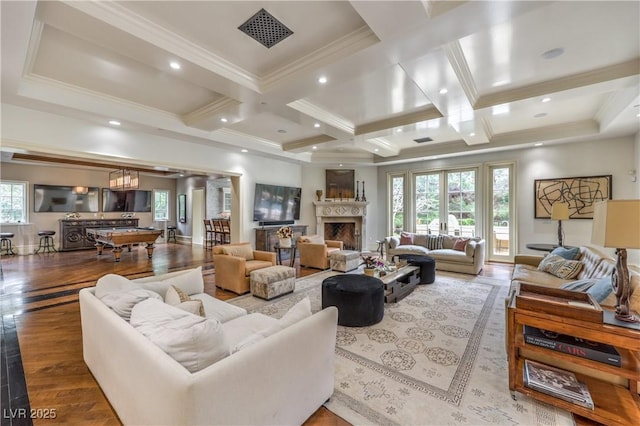 30 Augusta Canyon Way, Las Vegas, NV 89141 - living area featuring crown molding, coffered ceiling, beamed ceiling, pool table, and wood finished floors