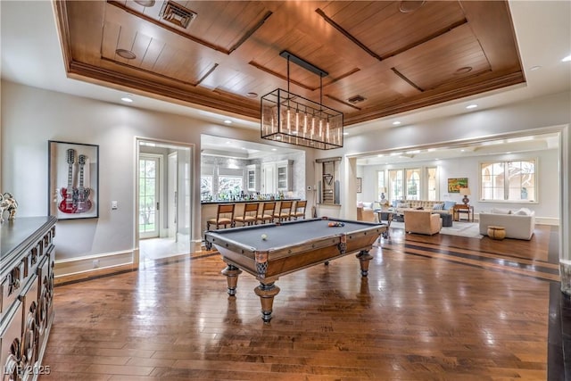 30 Augusta Canyon Way, Las Vegas, NV 89141 - game room with wood ceiling, healthy amount of natural light, hardwood / wood-style floors, pool table, and ornamental molding