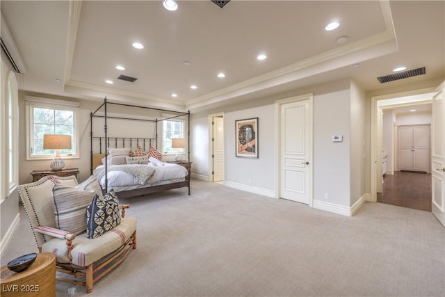 30 Augusta Canyon Way, Las Vegas, NV 89141 - bedroom featuring a raised ceiling, ornamental molding, light colored carpet, and recessed lighting