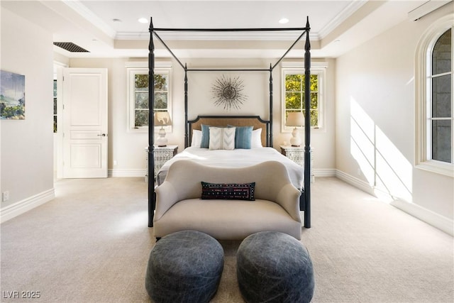30 Augusta Canyon Way, Las Vegas, NV 89141 - bedroom with ornamental molding, carpet flooring, a tray ceiling, and recessed lighting