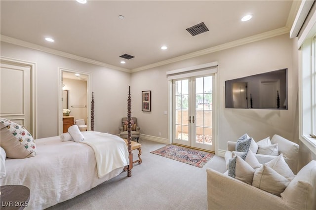 30 Augusta Canyon Way, Las Vegas, NV 89141 - carpeted bedroom featuring access to exterior, french doors, recessed lighting, crown molding, and ensuite bathroom