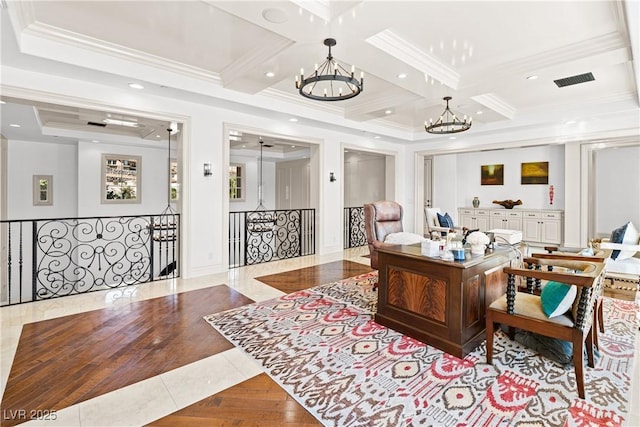 30 Augusta Canyon Way, Las Vegas, NV 89141 - office area featuring a chandelier, coffered ceiling, recessed lighting, crown molding, and tile patterned floors