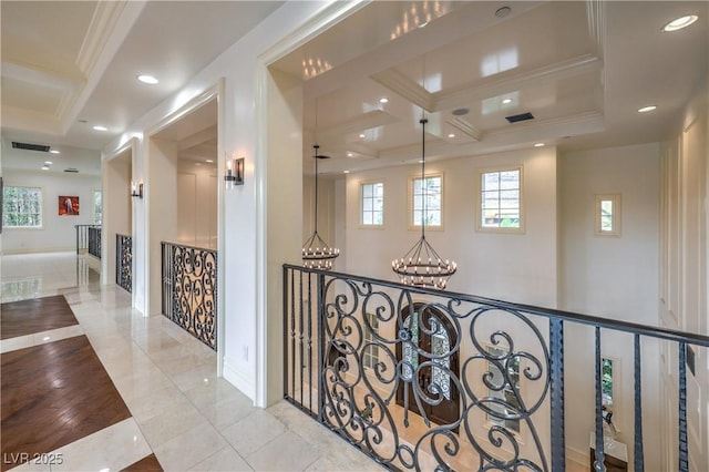 30 Augusta Canyon Way, Las Vegas, NV 89141 - hall with a chandelier, coffered ceiling, recessed lighting, and crown molding