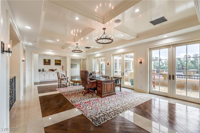 30 Augusta Canyon Way, Las Vegas, NV 89141 - office space with coffered ceiling, light wood-style flooring, ornamental molding, a chandelier, and recessed lighting