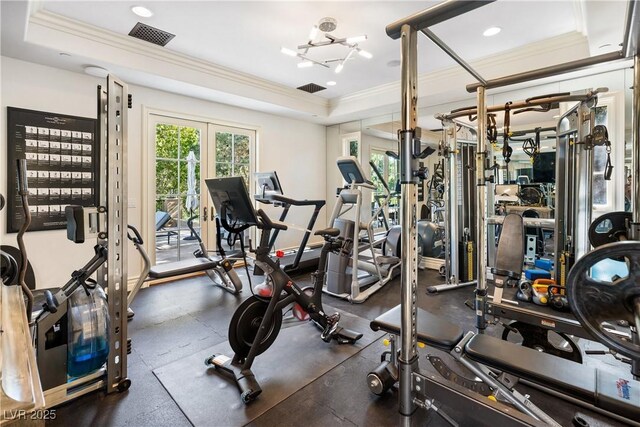 30 Augusta Canyon Way, Las Vegas, NV 89141 - gym featuring ornamental molding, a raised ceiling, and french doors