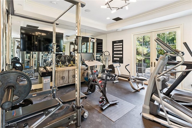 30 Augusta Canyon Way, Las Vegas, NV 89141 - workout area featuring ornamental molding, french doors, and a tray ceiling
