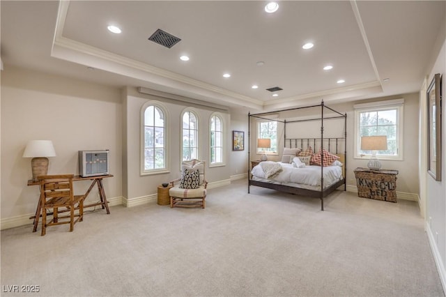 30 Augusta Canyon Way, Las Vegas, NV 89141 - carpeted bedroom featuring a tray ceiling, crown molding, multiple windows, and recessed lighting