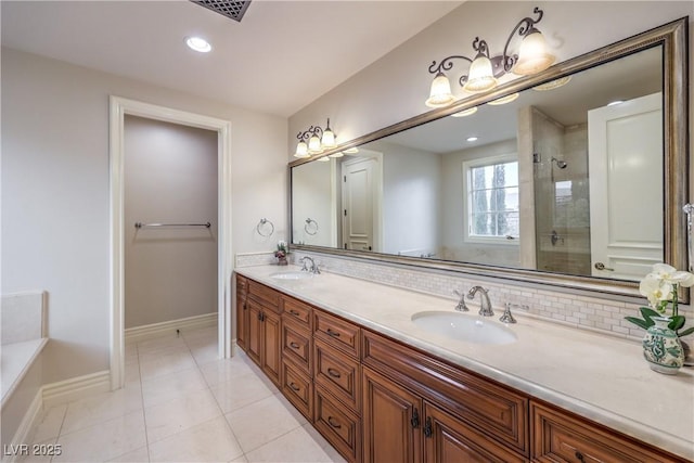 30 Augusta Canyon Way, Las Vegas, NV 89141 - bathroom featuring double vanity, tiled shower, backsplash, tile patterned floors, and recessed lighting