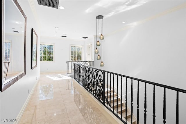 30 Augusta Canyon Way, Las Vegas, NV 89141 - hall with ornamental molding, recessed lighting, an upstairs landing, and light tile patterned floors