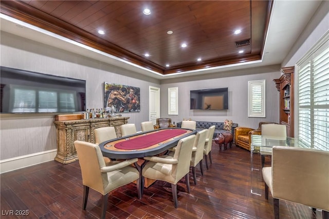 30 Augusta Canyon Way, Las Vegas, NV 89141 - dining space featuring a tray ceiling, hardwood / wood-style floors, wood ceiling, and crown molding