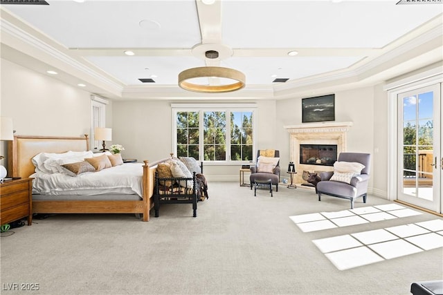 30 Augusta Canyon Way, Las Vegas, NV 89141 - carpeted bedroom featuring access to exterior, ornamental molding, multiple windows, a fireplace, and recessed lighting