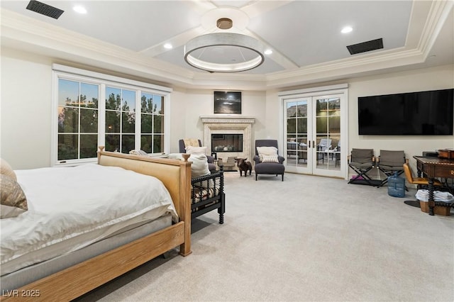 30 Augusta Canyon Way, Las Vegas, NV 89141 - carpeted bedroom featuring access to exterior, crown molding, multiple windows, french doors, and coffered ceiling