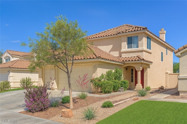 9365 Lotus Elan Dr, Las Vegas, NV 89117 - mediterranean / spanish house with a tile roof, a garage, concrete driveway, stucco siding, and a chimney