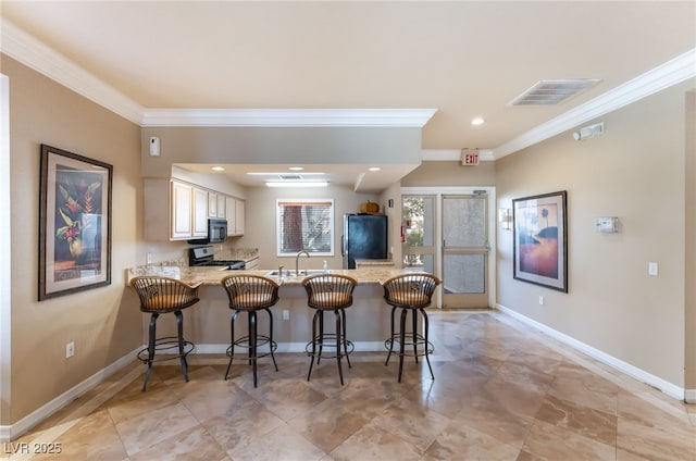 5250 S Rainbow Blvd Unit 1167, Las Vegas, NV 89118 - kitchen featuring appliances with stainless steel finishes, crown molding, a peninsula, a breakfast bar area, and light stone counters
