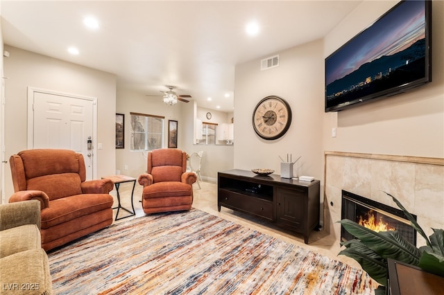 5250 S Rainbow Blvd Unit 1167, Las Vegas, NV 89118 - living room featuring a ceiling fan, recessed lighting, and a fireplace