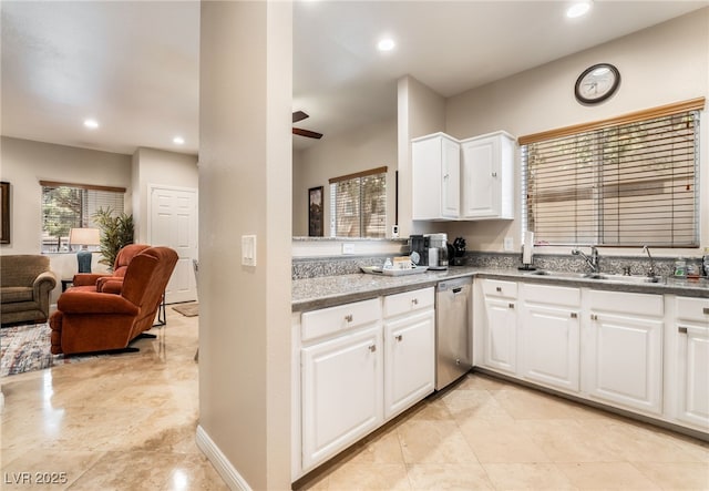 5250 S Rainbow Blvd Unit 1167, Las Vegas, NV 89118 - kitchen featuring dishwasher, white cabinetry, open floor plan, recessed lighting, and ceiling fan