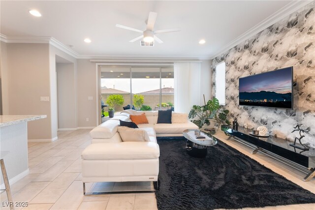 12478 Dolan Point St, Las Vegas, NV 89138 - living room with crown molding, recessed lighting, an accent wall, a ceiling fan, and light tile patterned flooring
