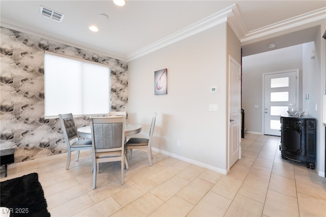 12478 Dolan Point St, Las Vegas, NV 89138 - dining area with ornamental molding, light tile patterned floors, recessed lighting, and an accent wall