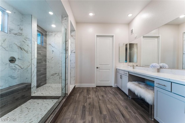4122 Yucca Bloom St Unit 0, Las Vegas, NV 89135 - full bath with a marble finish shower, wood finished floors, vanity, and recessed lighting