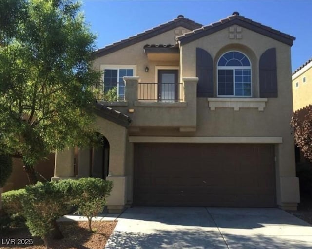 10225 Headrick Dr, Las Vegas, NV 89166 - mediterranean / spanish home with stucco siding, a balcony, and concrete driveway