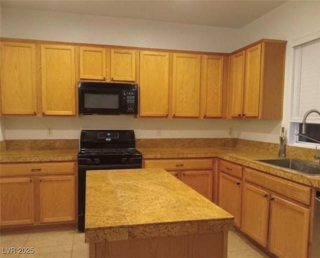 7879 Villa Pintura Ave, Las Vegas, NV 89131 - kitchen featuring black appliances, light tile patterned floors, light countertops, and a kitchen island
