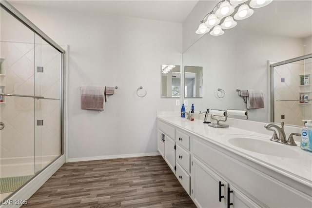 217 Turkey Creek Way, Henderson, NV 89074 - full bath with double vanity, wood finished floors, and a shower stall