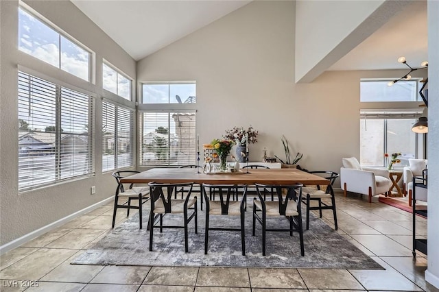 2535 Cortina Ave, Henderson, NV 89074 - dining room with plenty of natural light, high vaulted ceiling, a textured wall, and light tile patterned flooring
