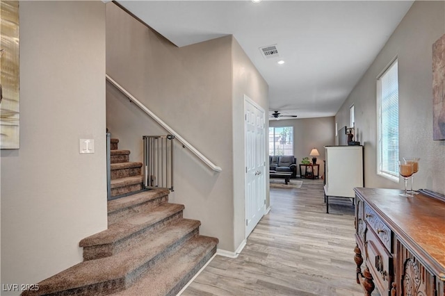 6322 Highledge St, North Las Vegas, NV 89081 - staircase with wood finished floors, recessed lighting, and a ceiling fan