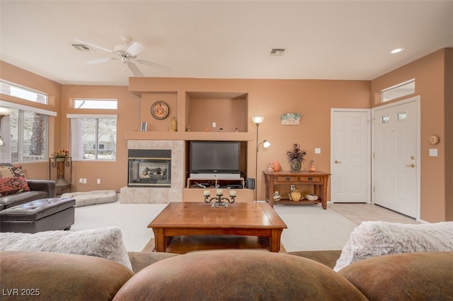 3251 Pheasant Hills Way, Laughlin, NV 89029 - carpeted living area featuring a ceiling fan, a tile fireplace, and recessed lighting
