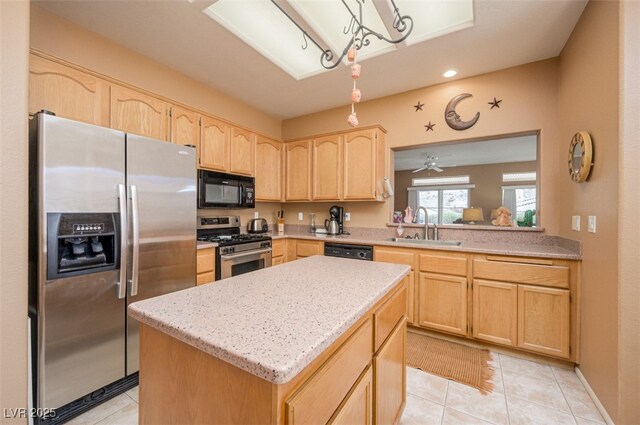 3251 Pheasant Hills Way, Laughlin, NV 89029 - kitchen featuring appliances with stainless steel finishes, light brown cabinets, a center island, light tile patterned floors, and light stone counters