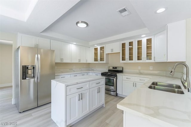 1846 Autumn Gold Ave, Las Vegas, NV 89123 - kitchen featuring stainless steel appliances, a raised ceiling, recessed lighting, light stone countertops, and white cabinetry