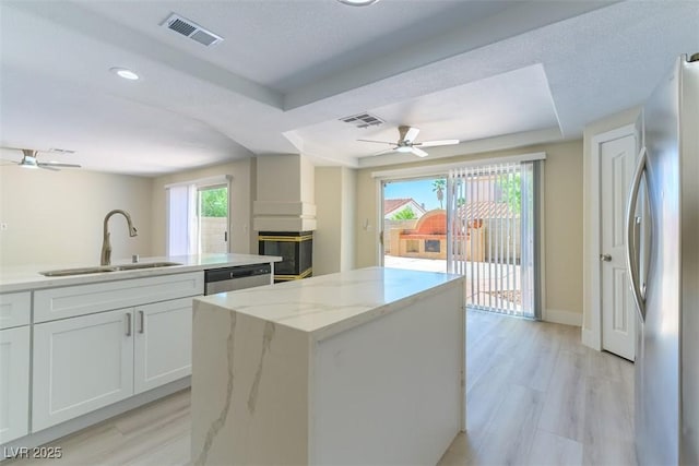 1846 Autumn Gold Ave, Las Vegas, NV 89123 - kitchen featuring appliances with stainless steel finishes, a raised ceiling, a glass covered fireplace, healthy amount of natural light, and recessed lighting