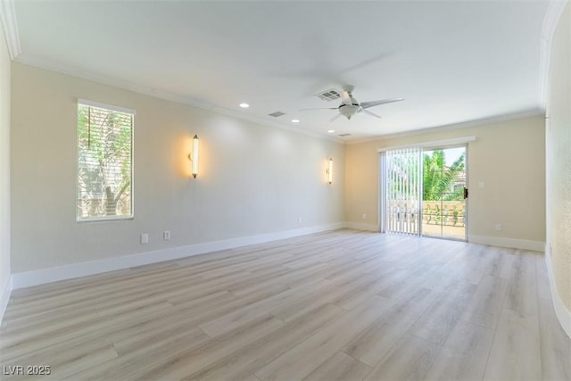 1846 Autumn Gold Ave, Las Vegas, NV 89123 - unfurnished room featuring ornamental molding, plenty of natural light, ceiling fan, light wood-style floors, and recessed lighting