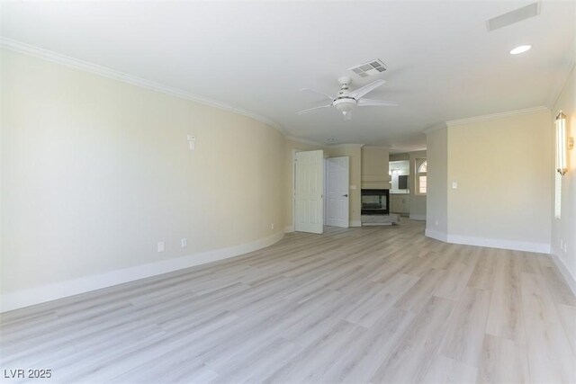 1846 Autumn Gold Ave, Las Vegas, NV 89123 - unfurnished living room with crown molding, a ceiling fan, light wood-style floors, and recessed lighting