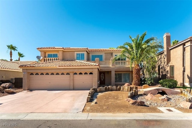 1846 Autumn Gold Ave, Las Vegas, NV 89123 - mediterranean / spanish-style home with an attached garage, stucco siding, driveway, a balcony, and a tile roof