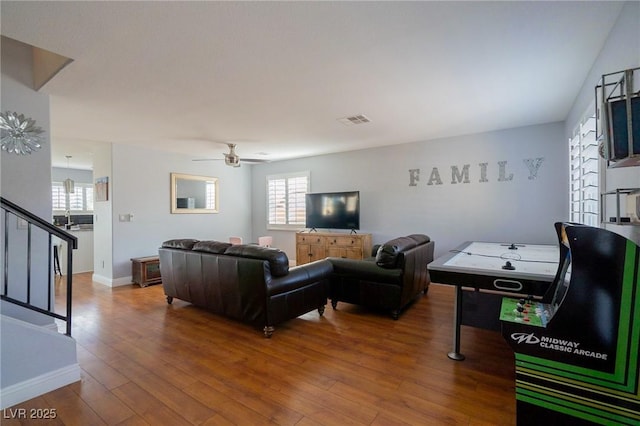 212 Stour Ln, Las Vegas, NV 89144 - living area featuring stairs, wood finished floors, and ceiling fan