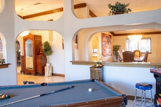 3430 Tanto Cir, Las Vegas, NV 89121 - rec room featuring billiards, arched walkways, a chandelier, and crown molding