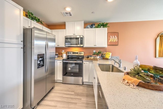 10988 Rollingford Ave Lot 10, Las Vegas, NV 89166 - kitchen with stainless steel appliances, white cabinetry, light stone countertops, light wood finished floors, and a peninsula