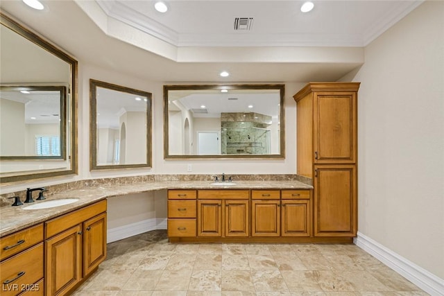 81 Quail Run Rd, Henderson, NV 89014 - bathroom with crown molding, a shower stall, vanity, and recessed lighting